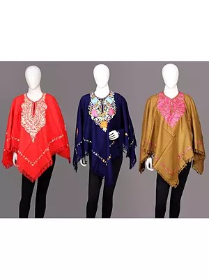 Lot of Three Kashmiri Poncho with Floral Aari Embroidered Flowers on Neck