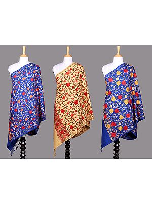 Lot of Three Wool Stole with Aari Embroidered Floral Vines from Amritsar
