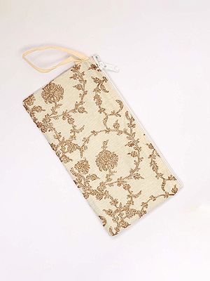 Floral Aari Embroidered Pouch Bag with Zipper Closure and Wrist Strap