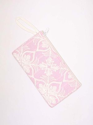 Pink-Tulle Cotton Zipper Pouch Bag with Floral Chain Stitch Embroidery