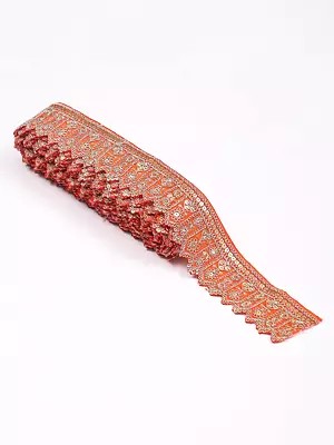 Spicy-Orange Scalloped Floral Fabric Border with Zari and Sequins work