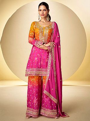 Women's Chinon Palazzo Suit Set Floral Print Embroidery With Dupatta For Party Wear Wedding Festive Wear Ethnic Outfit