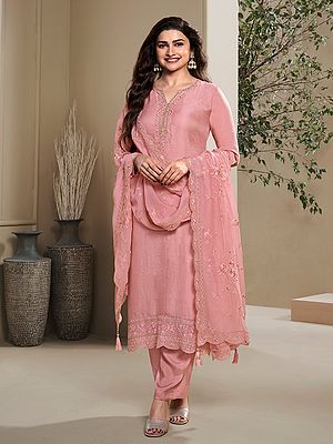 Elegant Crepe Silk Straight Suit And Bottom With Tabby Silk Dupatta Ton To Ton Thread Sequin Embroidery For Party Wedding