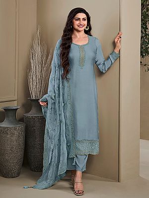 Graceful Crepe Silk Straight Suit With Bottom And Tabby Silk Dupatta Featuring Ton To Ton Thread Sequin Embroidery Perfect For Party