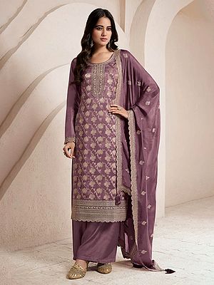 Charming Viscose Silk Straight Suit With Salwar And Chinon Dupatta Highlighted With Fine Thread Weaving Embroidery