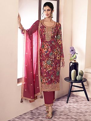 Chinon Long Suit With Salwar And Dupatta Beautiful Floral Print Embroidery Party Wedding Festive Ethnic Wear For Women