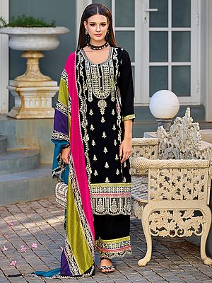 Opulent Chinon Straight Suit With Salwar And Dupatta Featuring Intricate Traditional Dori Thread Sequin Embroidery