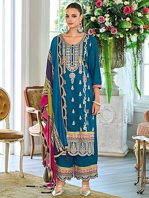 Opulent Chinon Straight Suit With Salwar And Dupatta Featuring Intricate Traditional Dori Thread Sequin Embroidery