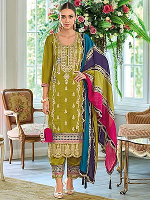 Opulent Chinon Straight Suit With Salwar And Dupatta Featuring Intricate Traditional Dori Thread Sequin Embroidery
