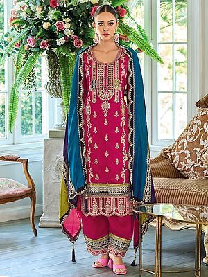 Opulent Chinon Straight Suit With Salwar And Dupatta Featuring Intricate Traditional Dori Thread Sequin Embroidery
