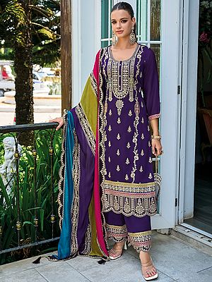Opulent Chinon Straight Suit With Salwar And Dupatta Featuring Intricate Traditional Dori Thread Sequin Embroidery