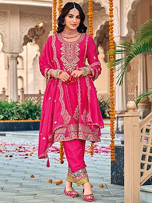 Festive Ready Chinon Peplum Salwar Suit Set With Dupatta Detailed With Delicate Thread Sequin Embroidery And Mirror Accents