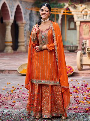Chinon Palazzo Suit With Multi Thread Sequin Embroidery Work For Festive Wedding And Party Wear For Women And Girls