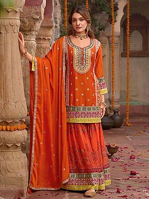 Elegant Chinon Gharara Suit With Floral Print And Embroidery For Festive Wedding And Party Wear For Women