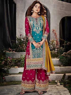 Heavy Thread Sequin Embroidery Chinon Palazzo Suit With Matching Dupatta For Elegant Festive Wedding And Party Wear