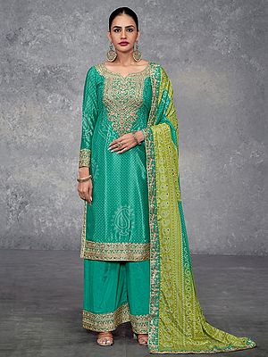 Royal Bandhani Charm Chinon Palazzo Suit With Intricate Thread Sequin Embroidery For Festive And Wedding Wear