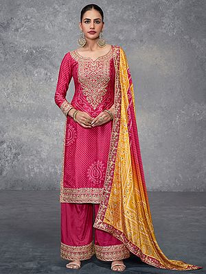 Royal Bandhani Charm Chinon Palazzo Suit With Intricate Thread Sequin Embroidery For Festive And Wedding Wear