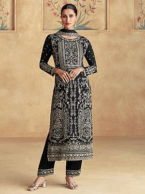Regal Chinon Suit With Bottom And Dupatta Adorned With Thread Sequin Dori Embroidery For Festive And Wedding Wear