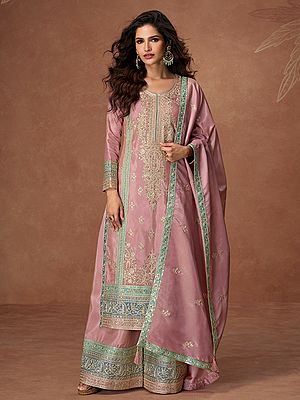 Traditional Chinon Long Salwar Suit With Thread Sequin Dori Embroidery Work For Festive And Wedding Wear