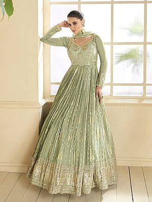 Royal Viscose Silk Anarkali Suit With Dupatta And Intricate Thread Weaving Embroidery Work For Women