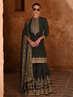 Luxurious Russian Silk Gharara Suit With All Over Print And Heavy Thread Sequin Embroidery Work For Wedding Wear