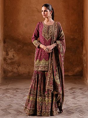 Opulent Russian Silk Gharara Suit With All Over Print And Heavy Thread Sequin Embroidery Work For Designer Collection