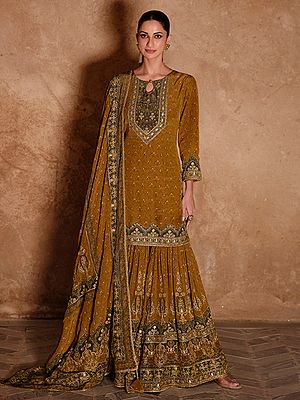 Timeless Russian Silk Gharara Suit With Artistic Print And Heavy Thread Sequin Embroidery For Festive Look