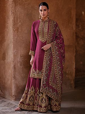 Women's Printed Russian Silk Gharara Suit With Heavy Thread Sequin Embroidery Wedding Party And Festive Wear
