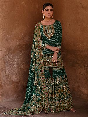 Graceful Russian Silk Gharara Suit With Exquisite Print And Luxe Heavy Thread Sequin Embroidery For Premium Wedding