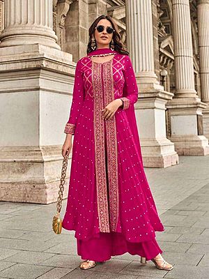 Viscose Silk Anarkali Suit With Chinon Bottom And Dupatta Featuring Elegant Thread Weaving Embroidery Work