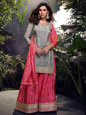 Chic Simar Silk Gharara Suit Set With Chinon Dupatta And Santoon Bottom In Floral Printed Embroidered Design