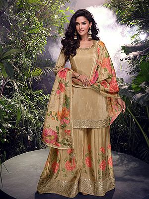 Radiant Simar Silk Gharara Suit Set With Chinon Dupatta And Santoon Bottom In Floral Printed Embroidered Design