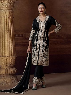 Chinon Salwar Suit With Delicate Thread Sequin Dori Embroidery For Wedding And Festive Occasions