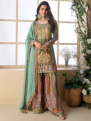 Natural Crepe Palazzo Suit Set With Chiffon Dupatta And Ajrakh Print Embroidery For Festive And Wedding Wear