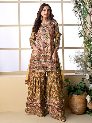 Ajrakh Print Natural Crepe Palazzo Suit Set With Embroidered Kurta And Chiffon Dupatta For Women Festive Wear