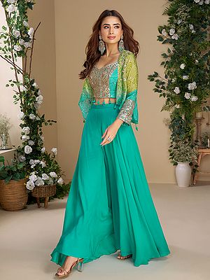 Chinon Bandhani Indo Western Suit With Thread Sequin Embroidered Crop Top Jacket And Wide Leg Palazzo For Women