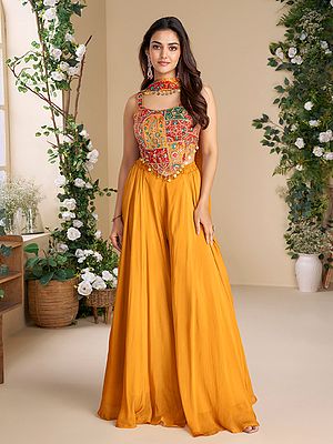 Chinon Bandhani Co Ord Indo Western Set With Thread Sequin Embellished Crop Top And Flowing Palazzo Pants For Women