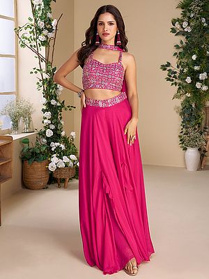 Chinon Indo Western Suit With All Over Thread Sequin Embroidered Crop Top Flowing Palazzo And Stylish Waist Detail For Women