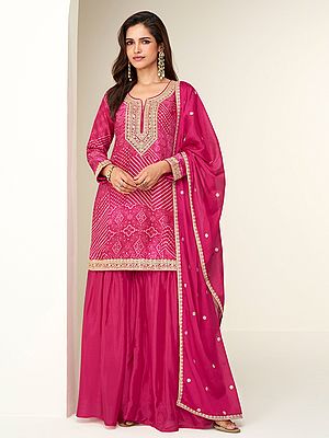 Pink Chinon Palazzo Suit With Bandhani Pattern And Heavy Thread Sequin Embroidered Kurta Dupatta Set For Women