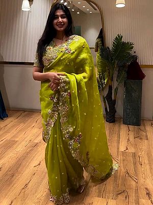 Elegant Jimmy Choo Saree With Heavy Embroidery Sequence Work Paired With Mono Banglori Silk Blouse For Women