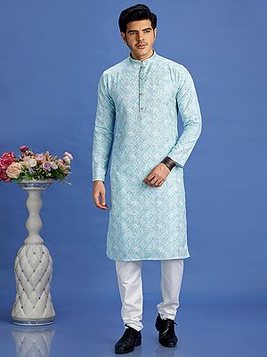 Sky Blue Embroidery Work Festive Wear Straight Kurta Pajama Set with Digital Print and Cotton Mandarin Collar