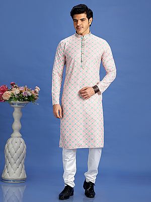 Cotton Mandarin Collar and Embroidery Work Straight Kurta Pajama Set with Digital Print for Festival Occasions