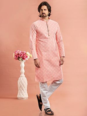 Pink Straight Kurta and Aligarhi Pajama with Embroidery Work on Collar for Festival
