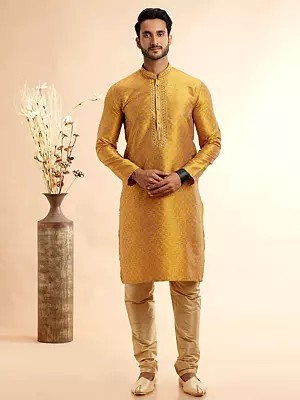 Golden Elegant Jacquard Art Silk Kurta Pajama with Mirror and Machine Work Perfect for Wedding Occasions