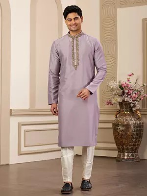 Light Purple Plain Kurta with Pajama in Banarasi Art Silk and Mandarin Collar