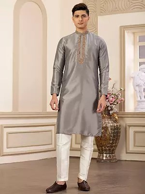 Gray Banarasi Art Silk Plain Kurta and Pajama with Mandarin Collar