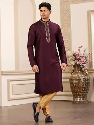 Plain Kurta with Pajama of Banarasi Art Silk and Mandarin Collar in Maroon for Men