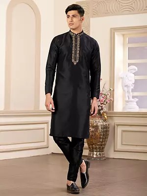 Men's Black Plain Kurta with Pajama in Banarasi Art Silk and Designer Collar