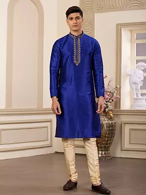 Banarasi Art Silk Royal Blue Plain Kurta with Pajama and Embroidered Collar
