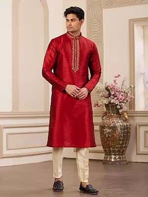 Art Silk Embroidered Kurta and Pajama Set in Red for Men